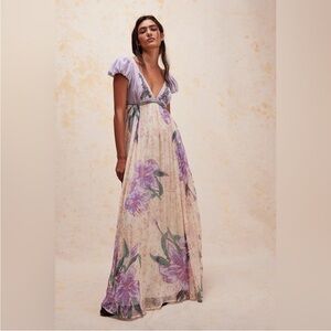 Free People Colette Maxi Dress Size 8 Mauve Fairy Embroidery Floral Skirt Fairy